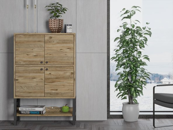 Woodn Love Lina Desenli Metal Ayaklı Dolaplı Vitrin - Konsol - Atlantik Çam / Siyah - 5