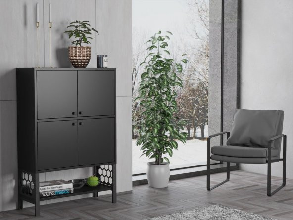 Woodn Love Lina Premium Desenli Metal Ayaklı Dolaplı Vitrin - Konsol - Siyah / Siyah - 3