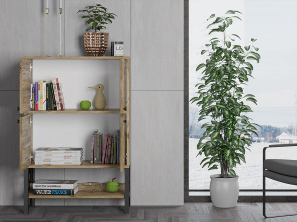 Woodn Love Lina Desenli Metal Ayaklı Dolaplı Vitrin - Konsol - Atlantik Çam / Siyah - 6