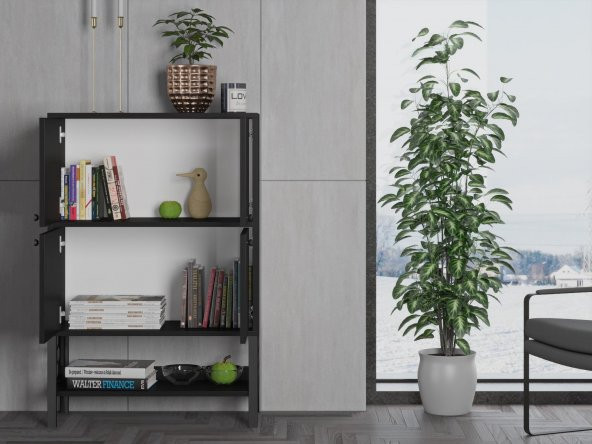 Woodn Love Lina Premium Desenli Metal Ayaklı Dolaplı Vitrin - Konsol - Siyah / Siyah - 6