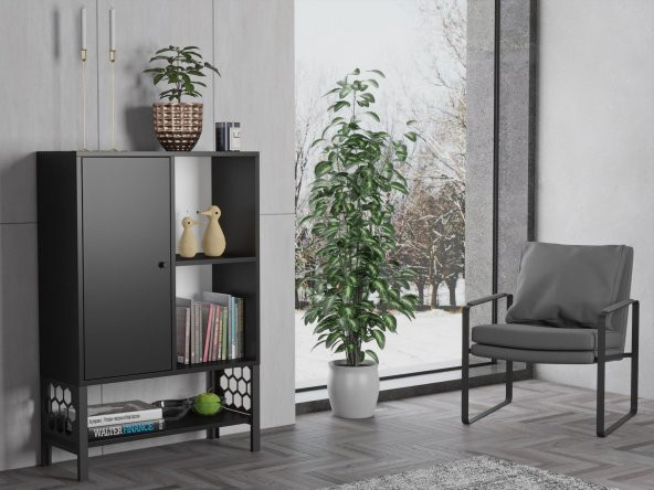 Woodn Love Lara Premium Desenli Metal Ayaklı Dolaplı Vitrin - Konsol - Siyah / Siyah - 3