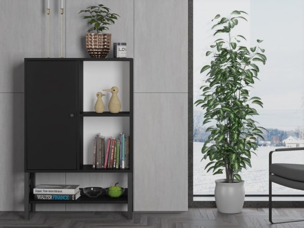 Woodn Love Lara Premium Desenli Metal Ayaklı Dolaplı Vitrin - Konsol - Siyah / Siyah - 5