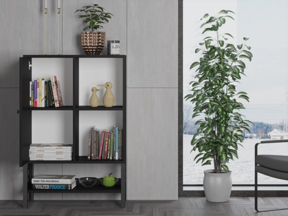 Woodn Love Lara Premium Desenli Metal Ayaklı Dolaplı Vitrin - Konsol - Siyah / Siyah - 6
