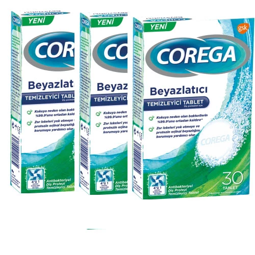 Corega Diş Protezi Beyazlatıcı Temizleyicisi Tablet 30 luk - Tüm Protezler İçin-3 Adet