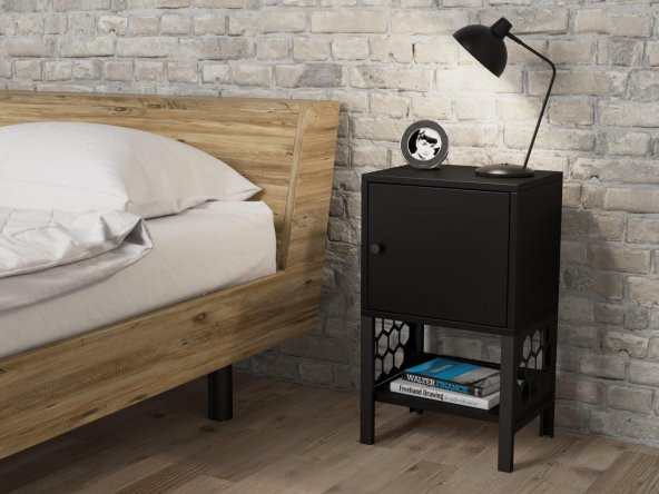 Woodn Love Maria Premium Dolaplı Raflı Metal Ayaklı Komodin - Siyah / Siyah - 3
