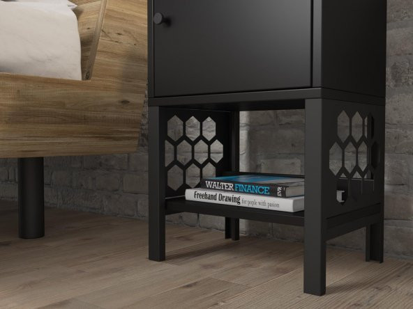 Woodn Love Maria Premium Dolaplı Raflı Metal Ayaklı Komodin - Siyah / Siyah - 4