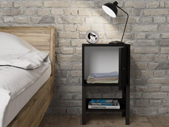 Woodn Love Maria Premium Dolaplı Raflı Metal Ayaklı Komodin - Siyah / Siyah - 6