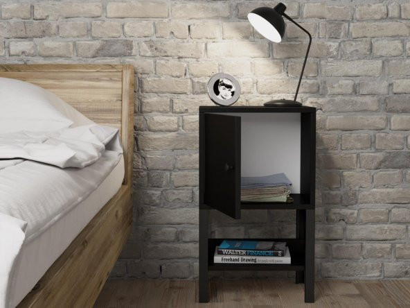 Woodn Love Maria Premium Dolaplı Raflı Metal Ayaklı Komodin - Siyah / Siyah - 7