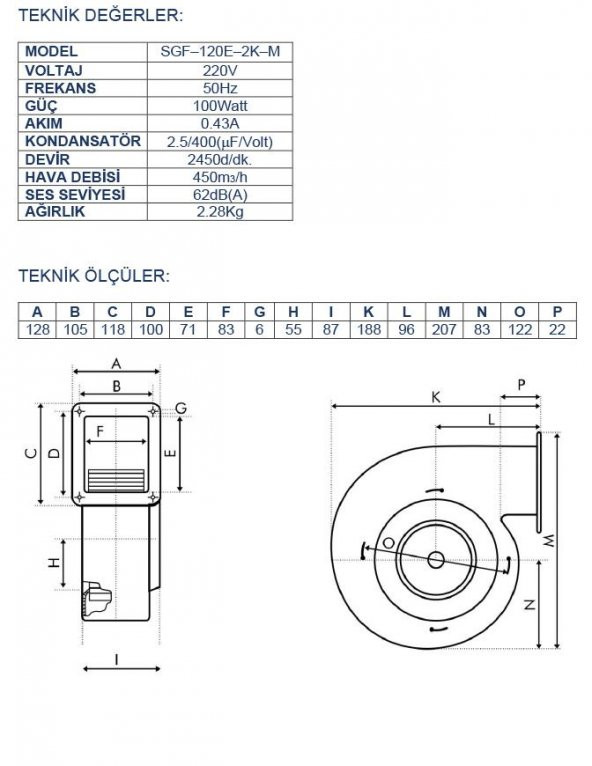 Ayas SGF-120E-2K-M Sac Gövdeli Radyal Salyangoz Fan - Resim 2