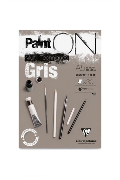Clairefontaine Paint On Dikişli 250gr 30yp A5 Çok Amaçlı Çizim Blok - Gri Kağıt