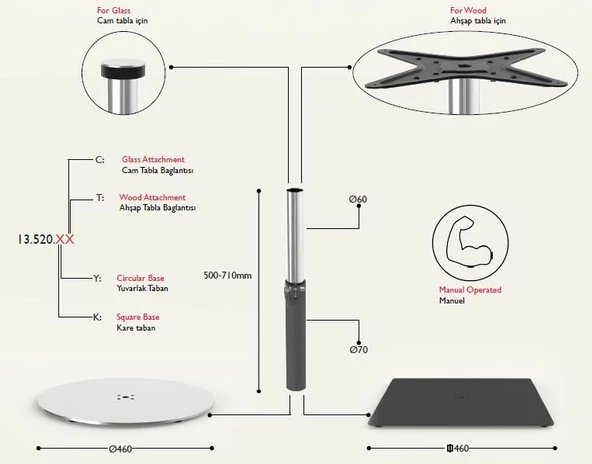 Tablalı Sehpa Ayağı 13.520.E - Yükseklik Ayarlı Manuel - Resim 2