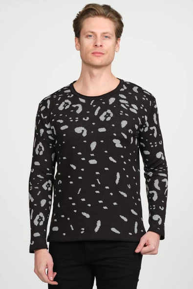 Erkek Regular Fit Bisiklet Yaka Leopar Desenli Pamuklu Triko Kazak - 12
