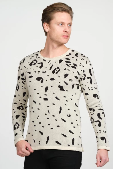 Erkek Regular Fit Bisiklet Yaka Leopar Desenli Pamuklu Triko Kazak - 7