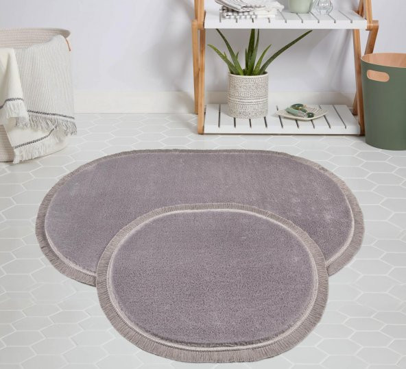 My Evilla Modern Dekoratif Halı Jel Kaymaz Taban Peluş Gri Saçaklı Oval Paspas Takımı 60x100