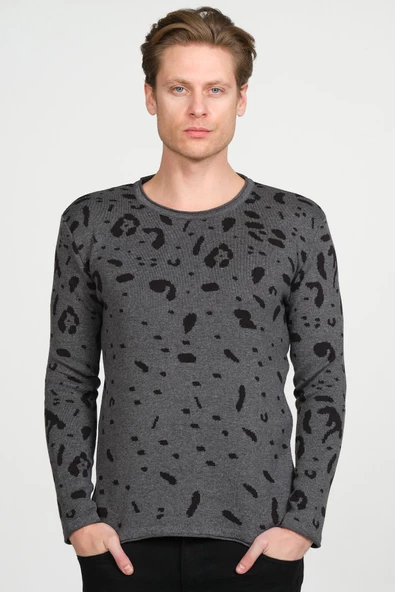 Erkek Regular Fit Bisiklet Yaka Leopar Desenli Pamuklu Triko Kazak - 8