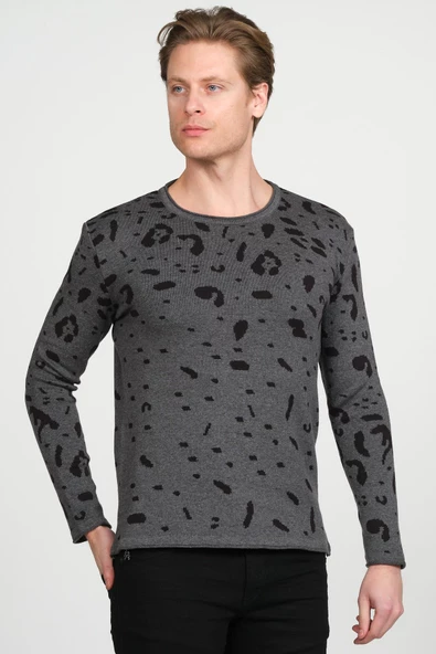 Erkek Regular Fit Bisiklet Yaka Leopar Desenli Pamuklu Triko Kazak - 3
