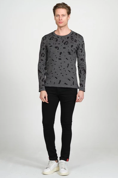 Erkek Regular Fit Bisiklet Yaka Leopar Desenli Pamuklu Triko Kazak - 10