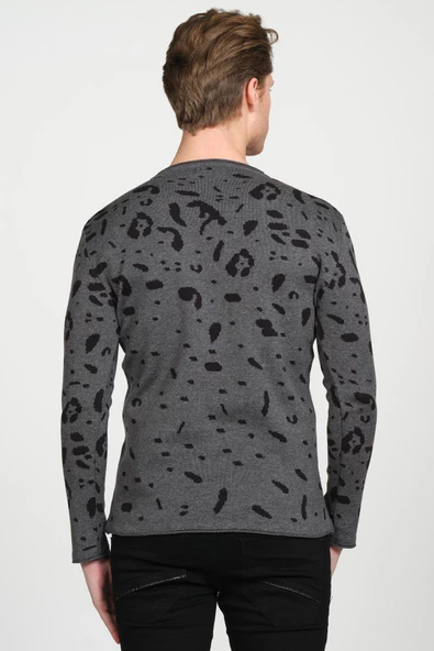 Erkek Regular Fit Bisiklet Yaka Leopar Desenli Pamuklu Triko Kazak - 9