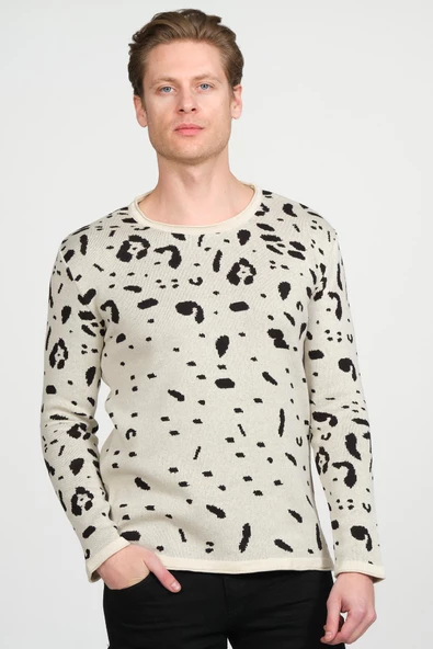 Erkek Regular Fit Bisiklet Yaka Leopar Desenli Pamuklu Triko Kazak - 6