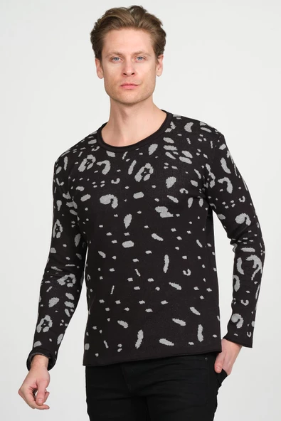 Erkek Regular Fit Bisiklet Yaka Leopar Desenli Pamuklu Triko Kazak - 5