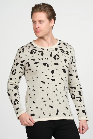 Erkek Regular Fit Bisiklet Yaka Leopar Desenli Pamuklu Triko Kazak - 11