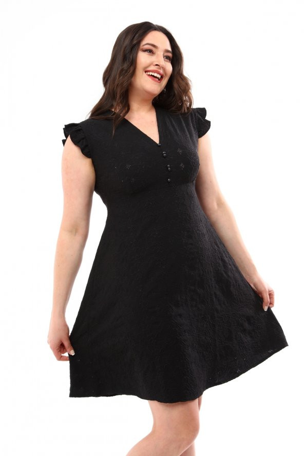 Schık Kadın Büyük Beden Brodeli Elbise Siyah SCKWM22EL01 - 3