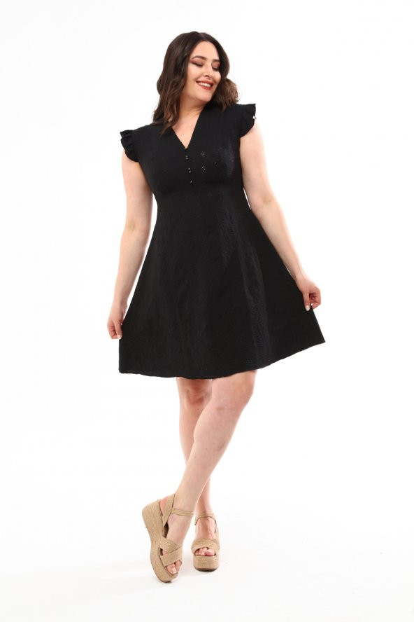 Schık Kadın Büyük Beden Brodeli Elbise Siyah SCKWM22EL01 - 7