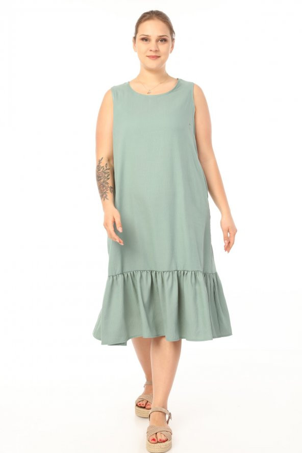 Schık Kadın Büyük Beden Kolsuz Elbise Yeşil SCKWM21EL01
