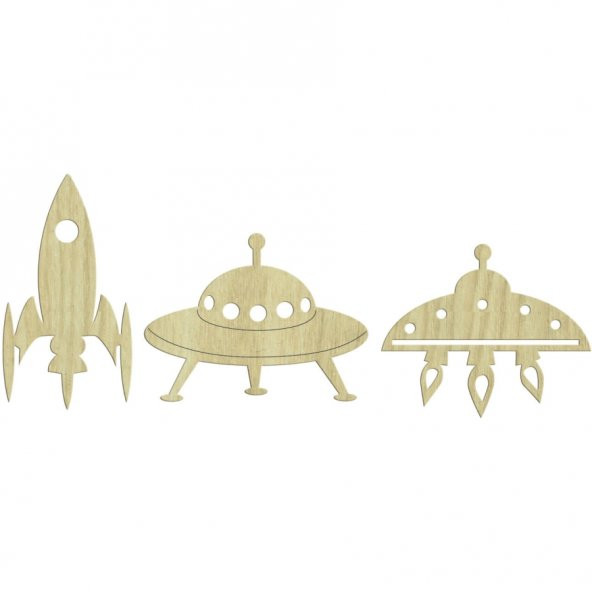 KD195 Ufo, Uzay Araçları 3lü Set Ahşap Paket Süsü, Hobi Ahşap Süs - 1