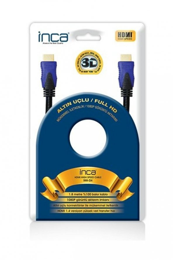 Inca IHH-04 HDMI To HDMI 1.8 metre 1.4 3D Altın Uçlu 0 (Blister+Askılı)