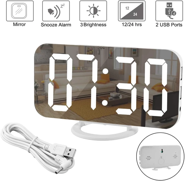 Aynalı LED Dijital Saat 2 USB Hızlı Şarj Alarmlı Masa Saati - 3