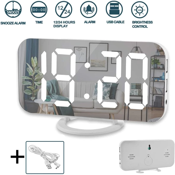 Aynalı LED Dijital Saat 2 USB Hızlı Şarj Alarmlı Masa Saati - 2
