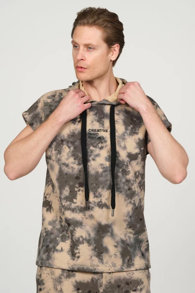 Erkek Batik Desenli Kapüşonlu Kolsuz Pamuklu 3 İplik Sweatshirt - 5