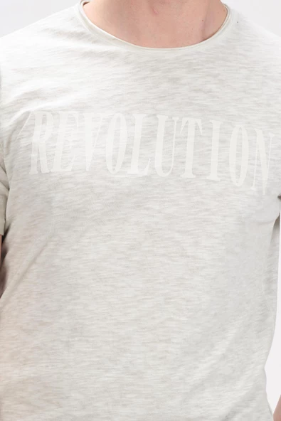 Erkek Bisiklet Yaka Yıkamalı Önü Baskılı Pamuklu Kısa Kollu T-Shirt - 12