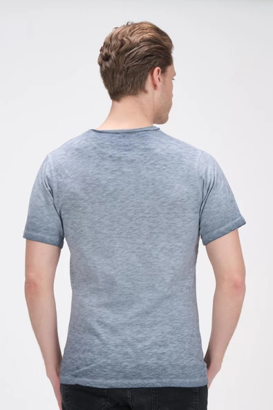 Erkek Bisiklet Yaka Yıkamalı Önü Baskılı Pamuklu Kısa Kollu T-Shirt - 6