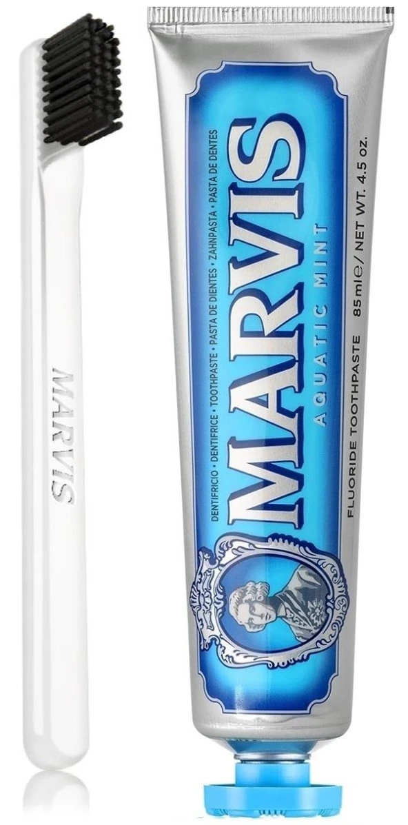 Marvis Aqua Mint Beyazlatıcı Diş Macunu 85 ml ve Marvis White Soft Diş Fırçası
