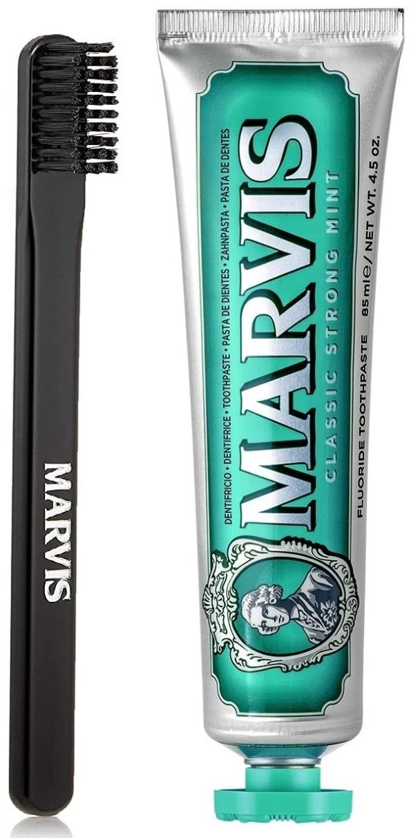 Marvis Classic Strong Mint Beyazlatıcı Diş Macunu 85 ml ve Marvis Black Orta Sert Diş Fırçası