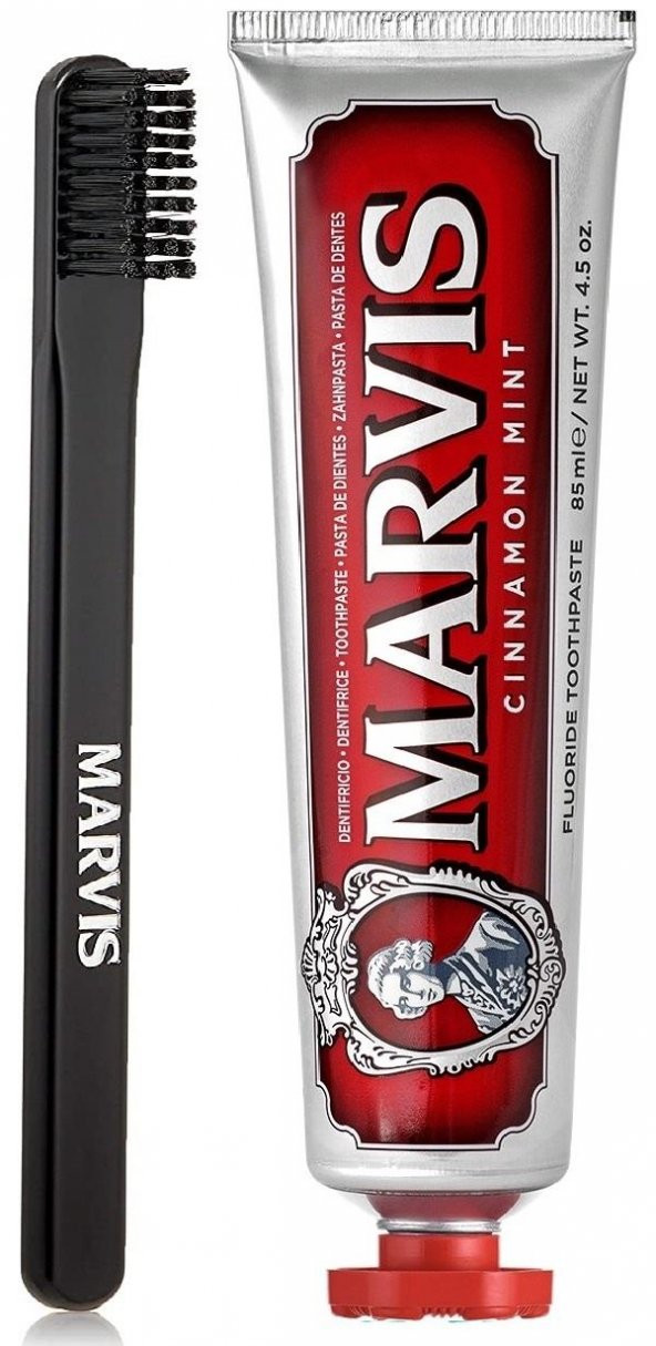 Marvis Cinnamon Mint Beyazlatıcı Diş Macunu 85 ml ve Marvis Black Orta Sert Diş Fırçası