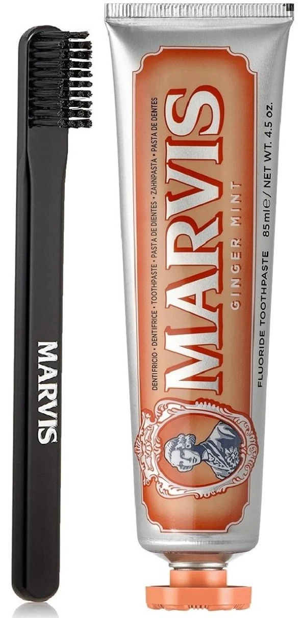 Marvis Ginger Mint Beyazlatıcı Diş Macunu 85 ml ve Marvis Black Orta Sert Diş Fırçası