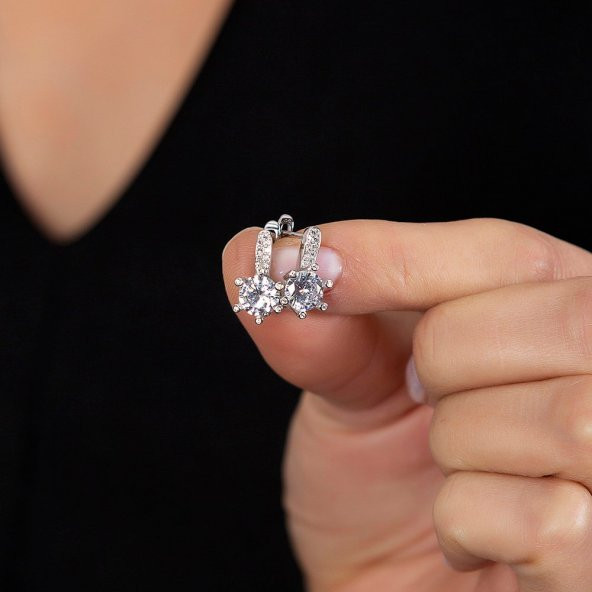 Nipora Zirkon Tek Taşlı Oval Tasarım Büyük Boy 925 Ayar Gümüş Kadın Küpe - 3