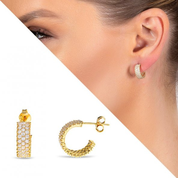 Nipora Zirkon Taşlı Yarım Tur Gold Renk 925 Ayar Gümüş Kadın Küpe - 2