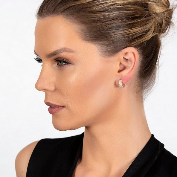 Nipora Zirkon Taşlı Yarım Tur Gold Renk 925 Ayar Gümüş Kadın Küpe - 5