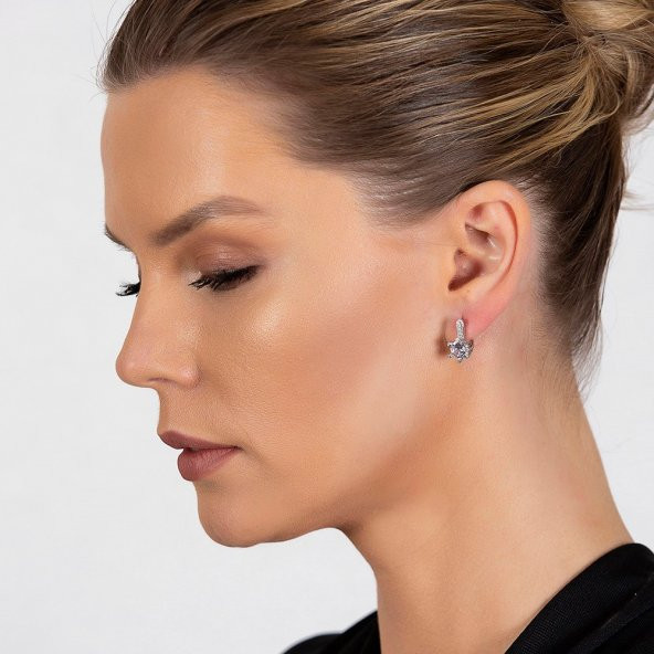 Nipora Zirkon Tek Taşlı Oval Tasarım Büyük Boy 925 Ayar Gümüş Kadın Küpe - 4