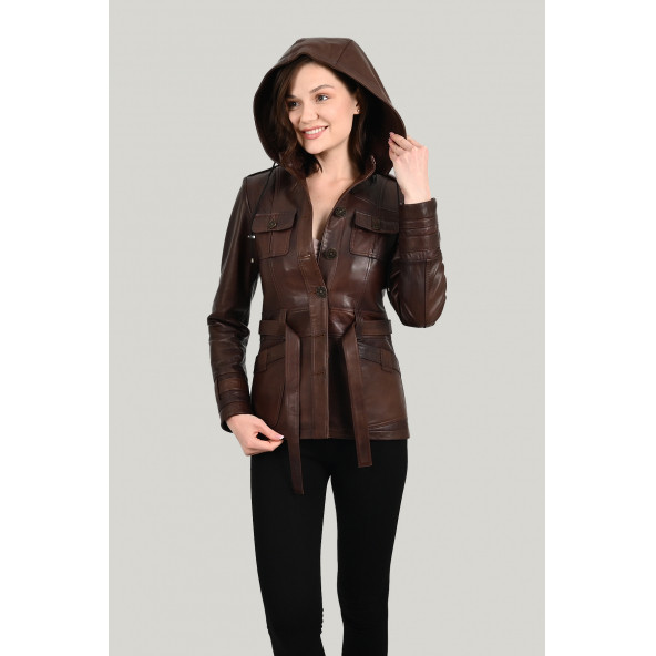 Sansa Kapüşonlu Wax Kahve Hakiki Deri Ceket Kadın
