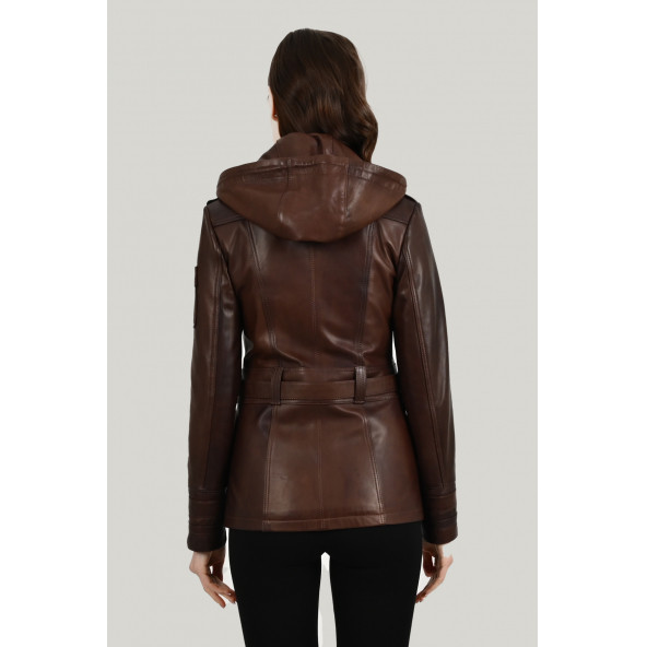 Sansa Kapüşonlu Wax Kahve Hakiki Deri Ceket Kadın - 4