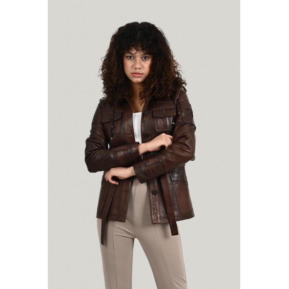 Sansa Kapüşonlu Wax Kahve Hakiki Deri Ceket Kadın - 2