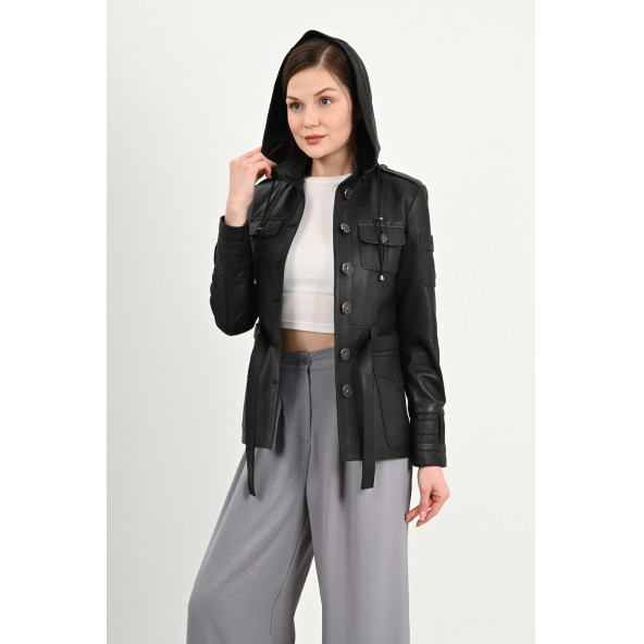 Sansa Kapüşonlu Siyah Hakiki Deri Ceket Kadın