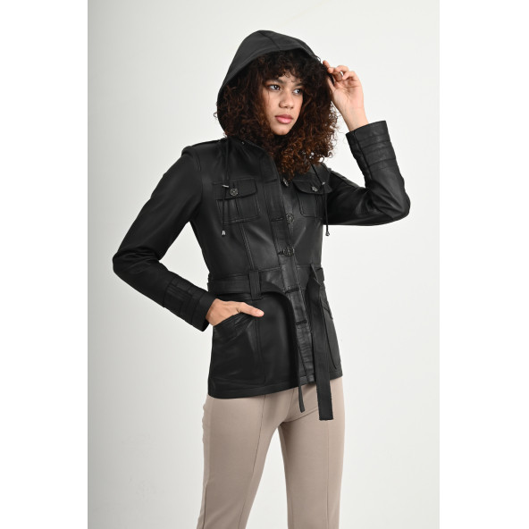 Sansa Kapüşonlu Siyah Hakiki Deri Ceket Kadın - 2