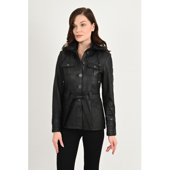 Sansa Kapüşonlu Siyah Hakiki Deri Ceket Kadın - 5