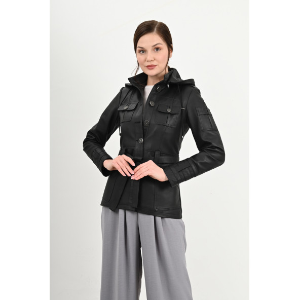 Sansa Kapüşonlu Siyah Hakiki Deri Ceket Kadın - 4